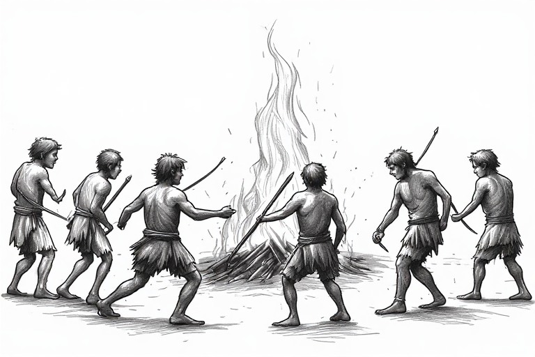Hombres primitivos rodeando el fuego